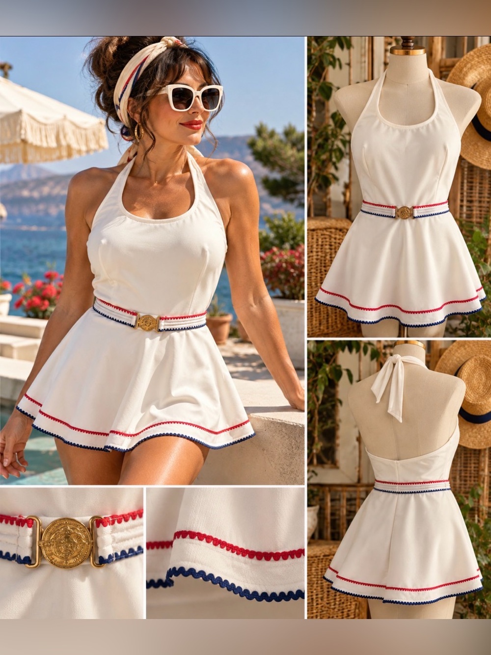 Vintage 1960s- White Halter One-Piece Swimsuit with Attached Belt